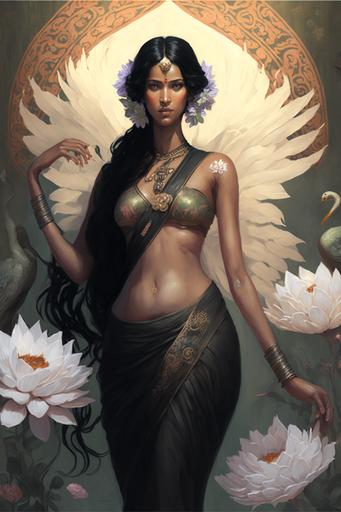 full body shot of a north-indian beautiful hot women black hair black eyes wearing saree, full body, lotus flower theme, white swan, flowers, vivid, fantasy, highly detailed, digital painting, artstation, concept art, character art, art by greg rutkowski and tyler jacobson and alphonse mucha --ar 2:3 --s 100