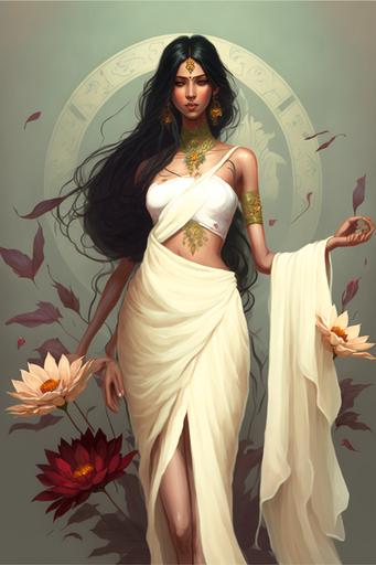 full body shot of a north-indian beautiful hot women black hair black eyes wearing saree, full body, lotus flower theme, white swan, flowers, vivid, fantasy, highly detailed, digital painting, artstation, concept art, character art, art by greg rutkowski and tyler jacobson and alphonse mucha --ar 2:3 --s 100