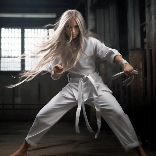full body shot of beautiful martial artist woman strikes an action pose of fighting style wears monochromatic silver gi, daylight peers in through dojo doors, inspired by anime art, she is sweating and out of breath, her physique is fit and slender, she has long long long long long long silver hair and silver eyes, around her neck is a dainty silver necklace with a bejeweled raven pendant --q 0.25