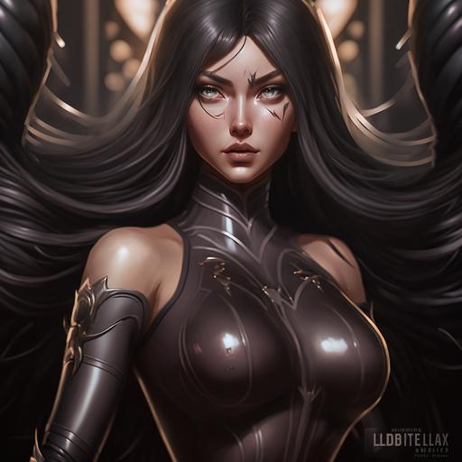 full-body shot of irelia from league of legends in all black smooth skin tight latex dress, in the style of stefan kostic, realistic, sharp focus, 8k high definition, insanely detailed, intricate, elegant, art by stanley lau and artgerm