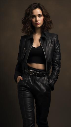 full body, star wars movie photoshoot, emilia clarke wearing a white smugglers leather jacket, black shirt, black leather trousers, black boots, brown holster on her trousers. --ar 9:16