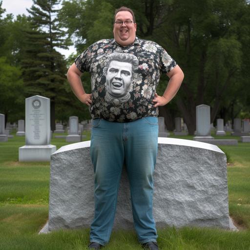 full body stupid looking goofy, silly face big belly shirt to small holding up his pants standing in front of a cementary with wacky headstone in the background--s 1000 --v 5