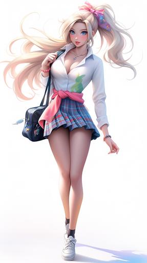 full body, surreal vanilla, Japanese schoolgirl uniform, beautiful eyes, walking pin up pose, full figure, artgerm style, bright colors --ar 9:16 --niji 5