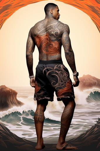 --ar 4:6 full body tattoo black man muscles fit fitness muscular shorts with peacock feather designs man standing on big rock crashing waves beach beach sunset