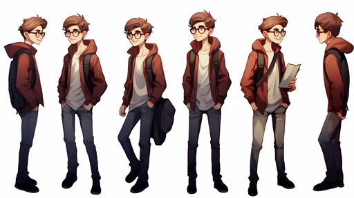 full body turnaround Ethan, young teenager boy, gay, wearing glasses, illustrated graphic novel character --ar 16:9