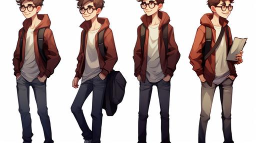 full body turnaround Ethan, young teenager boy, gay, wearing glasses, illustrated graphic novel character --ar 16:9