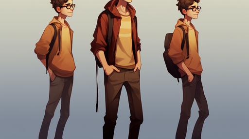 full body turnaround character concept page      Ethan, young teenager boy, gay, wearing glasses, illustrated graphic novel character --ar 16:9