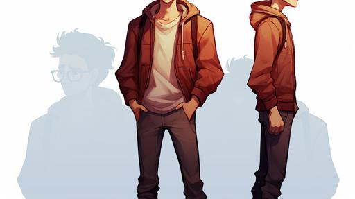 full body turnaround character concept page      Ethan, young teenager boy, gay, wearing glasses, illustrated graphic novel character --ar 16:9