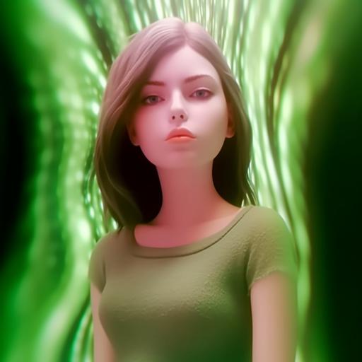 , full body version, pixar, wearing a green dress, funky 1970s makeup style, realistic proportions, 8k 3D, infinity room background --s 250 --v 5