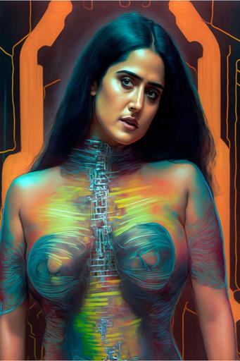 full body view of a stunningly beautiful full bodied, thick and gorgeous cybernetic Latin American heavy metal alternative fashion model woman salma hayek::8 body cage and torn fishnets, surreal infrared bioluminescent laser horror glitch art:: 6 constricted in a matrix of ropes, dripping in bright green flourescent chemical light fluid, shining in a coat of mineral oil, beautiful oil slick glow, double exposure, scifi fantasy art by Kentaro Miura, deathcore fashion aesthetic, piercings and biomech tattoos, strikingly attractive and dangerous female portrait highly detailed stunning epic wallpaper, futuristic stripcore urban nightclub environment, scifi fantasy movie poster with no blur and no text, inspired by H.R. Giger --q 2 --v 4 --ar 2:3 --v 2