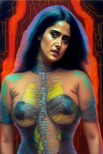 full body view of a stunningly beautiful full bodied, thick and gorgeous cybernetic Latin American heavy metal alternative fashion model woman salma hayek::8 body cage and torn fishnets, surreal infrared bioluminescent laser horror glitch art:: 6 constricted in a matrix of ropes, dripping in bright green flourescent chemical light fluid, shining in a coat of mineral oil, beautiful oil slick glow, double exposure, scifi fantasy art by Kentaro Miura, deathcore fashion aesthetic, piercings and biomech tattoos, strikingly attractive and dangerous female portrait highly detailed stunning epic wallpaper, futuristic stripcore urban nightclub environment, scifi fantasy movie poster with no blur and no text, inspired by H.R. Giger --q 2 --v 4 --ar 2:3 --v 2