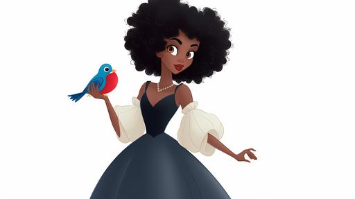 , , , , , full body view of an african teenage snow white, smiling wearing a black designer dress, singing to a blue twitter bird, disney cartoon style, curly afro, character design, white background --ar 16:9 --seed 2704237942 --v 5 --upbeta