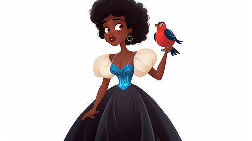 , , , , , full body view of an african teenage snow white, smiling wearing a black designer dress, singing to a blue twitter bird, disney cartoon style, curly afro, character design, white background --ar 16:9 --seed 2704237942 --v 5 --upbeta