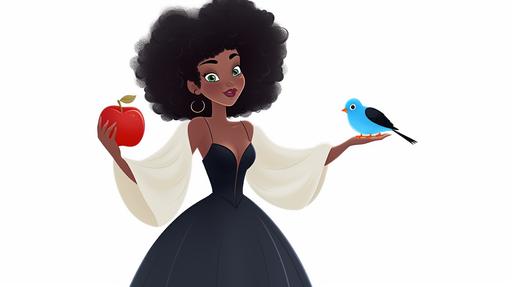 , full body view of an african teenage snow white, smiling wearing a black designer dress, singing to a blue twitter bird, disney cartoon style, curly afro, character design, white background --ar 16:9 --seed 2704237942 --v 5 --upbeta
