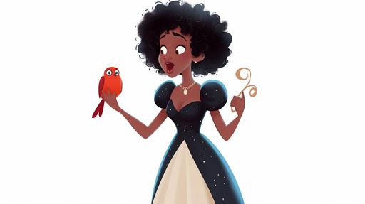 , full body view of an african teenage snow white, smiling wearing a black designer dress, singing to a blue twitter bird, disney cartoon style, curly afro, character design, white background --ar 16:9 --seed 2704237942 --v 5 --upbeta