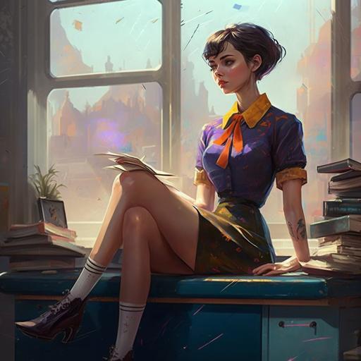 full body,ray tracing,best quality, masterpiece, original, extremely detailed, an extremely delicate and beautiful,incredibly_absurdres,colorful, intricate detail, artbook,cinematic angle , lovely, classroom, solo, mature female,short_hair,crossed_legs, sheath dress, Clear picture, sitting, stiletto heels, from below