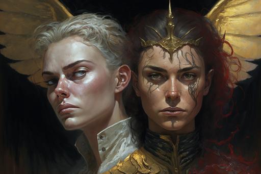 full character art of 2 characters, a female angel knight standing behing a female vampire mage , art by James C Christensen   Dave McKean, oil on canvas, insane detail, realistic facial features, light accents, thick brushstroles, dripping, oozing --ar 3:2 --q 2