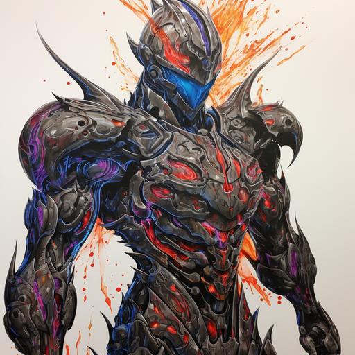 full color, full body, halftone ink drawing, organic armor guyver