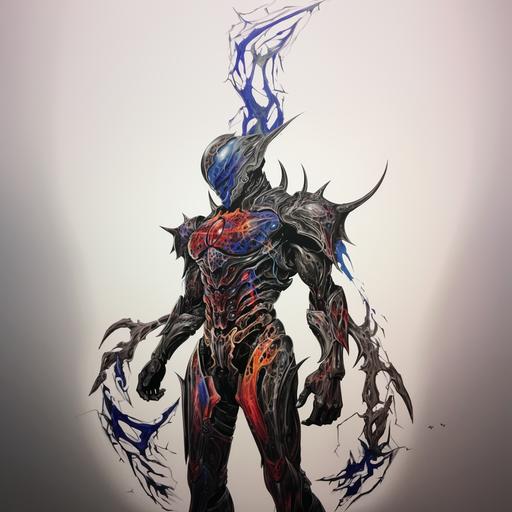 full color, full body, halftone ink drawing, organic armor guyver
