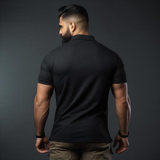 full detail back side photoshoot of a 6 feet tall Indian man in grey background, military fatigue and military haircut. wearing high quality, high collared plain black polo t-shirt and black pants