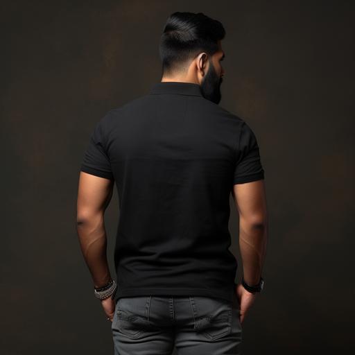 full detail back side photoshoot of a 6 feet tall Indian man in grey background, military fatigue and military haircut. wearing high quality, high collared plain black polo t-shirt and black pants