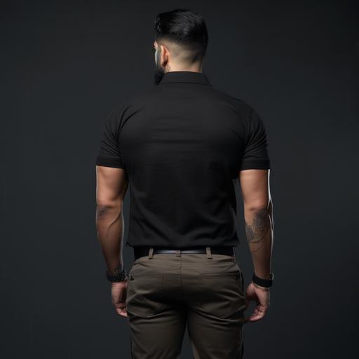 full detailed back side photoshoot of a 6 feet tall Indian man in grey background, military fatigue and military haircut. wearing high quality, high collared plain black polo t-shirt, black pants and brown shoes