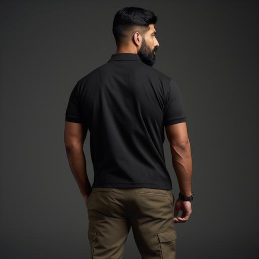 full detailed top to bottom back view photoshoot of a 6 feet tall Indian man in grey background, military fatigue and military haircut. wearing high quality, high collared plain black polo t-shirt, black pants and brown shoes