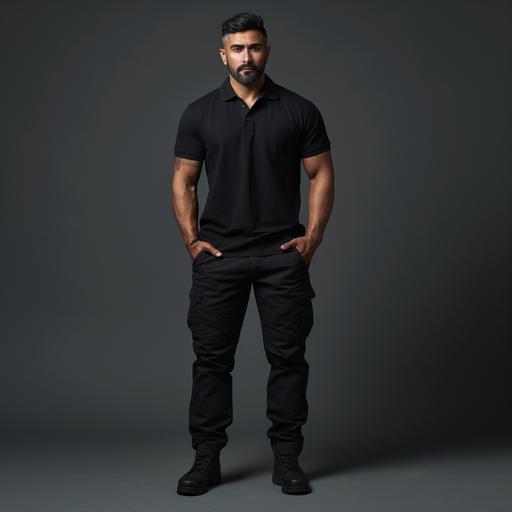 full detailed top to bottom photoshoot of a 6 feet tall Indian man in grey background, military fatigue and military haircut. wearing high quality, high collared plain black polo t-shirt, black pants and brown shoes