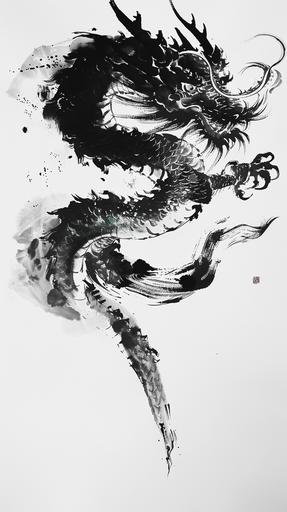 full dragon in black china ink brush on a white backround --ar 9:16 --v 6.0