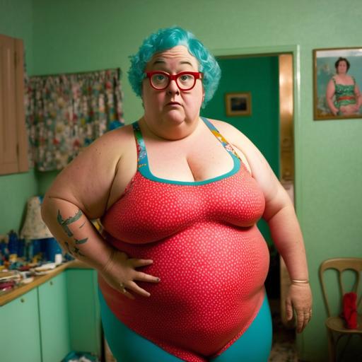 full figure realistic photograph, in the style of martin parr, of a big fat old women with short grey and blue hair and big arms and legs , wearing a turquoise swimming suit ,with big red glasses , face full make up on in large london apartment, hi fills up 1/16 of image, she looks like Kathy Bates v 4 --s 250 --v 4 --s 250