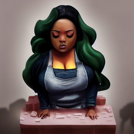 full figured black woman vampire, hard hat, ripped jeans, weeping angel, ton of bricks, love at first sight, diorama, garden hose, donut souffle, spilled milk, block cheese, progress bar, hand of God, dang mouse, almond chew --test --creative