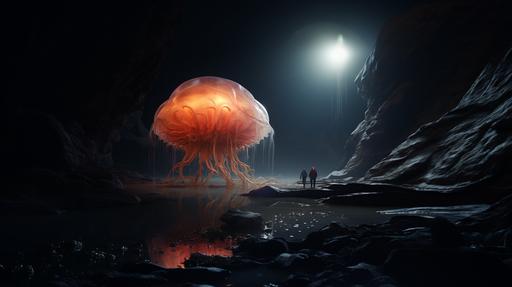 full hd photorealistic picture of 2 aliens fishing a big jellyfish on the moon looking in the camera at the canyon with inspired dune movie, ultra hd, 8K blob:https://discord.com/8e898ac6-a49b-4139-ac85-9d03ae3b5840  --ar 1920:1080 --s 250