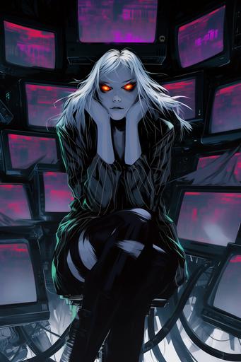 full height portrait of a young pale woman with a scared expression, dark light, glowing orange eyes, surrounded by 1980 retro computer monitors and computer hardware, engine room, ink lineart, horror, cyberpunk, rough ink liner sketch, NOISE, horror comic, long albino white hair, black and white striped prisoner pajama coat, close up, Mike Ploog, Sidney Sime, George Tooker --ar 2:3 --s 750 --niji 6
