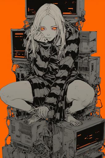 full height portrait of a young pale woman with a scared expression, dark light, glowing orange eyes, surrounded by 1980 retro computer monitors and computer hardware, engine room, ink lineart, horror, cyberpunk, rough ink liner sketch, NOISE, horror comic, long albino white hair, black and white striped prisoner pajama coat, close up, Mike Ploog, Sidney Sime, George Tooker --ar 2:3 --s 750 --niji 6