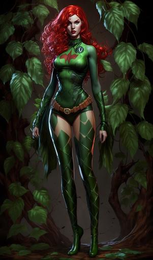 full-length, Christina Hendricks as Poison Ivy, lively green one-piece, green thigh-high boots, bright deep auburn hair, grassy villains lair, Batman nemesis --ar 3:5 --v 4