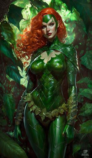 full-length, Christina Hendricks as Poison Ivy, lively green one-piece, green thigh-high boots, bright deep auburn hair, grassy villains lair, Batman nemesis --ar 3:5 --v 4