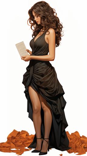 full length body shot of 25 year old woman with shoulder-length brown hair wearing a comfortable pretty dress and black high heels, drawing style, illustration --ar 9:16 --s 1000