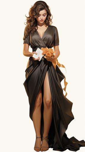 full length body shot of 25 year old woman with shoulder-length brown hair wearing a comfortable pretty dress and black high heels, drawing style, illustration --ar 9:16 --s 1000