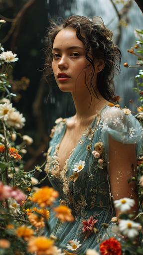 full length body shot photo of female model made out of glass ice and water, in the style of a tarot card, model wearing Oscar de la renta gown made out of falling water, features obsidian and garnet and aquamarine and shades of dark blues and maroon and shades of purple and deep burgundy chrysanthemum flowers and yew tree, model surrounded by intricate flowers of all sizes in front of a waterfall, straight on pose, photography by Kristy Mitchell, ornate, ethereal, photo as an illustration, mirror symmetry, natural light, high resolution, stunning, 35mm shot, realistic, Cinematic Lighting, ethereal light, intricate details, extremely detailed, incredible details, full body, full colored, complex details, by Weta Digital, Photography, Photoshoot, Shot on 70mm, Depth of Field, DOF, 5D, aether scene, translucent, glitter, ethereal, pastel colors, holographic, style prism ultra 8k, sharp photography, cinematic, volumetric lighting, intricate details concept art, realistic, gold archway border --ar 9:16 --style raw --stylize 750 --v 6.0