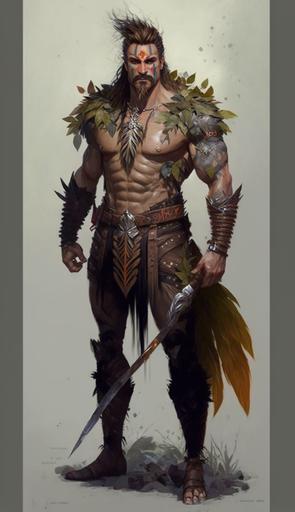 full length character concept a metrosexual male warrior, with a sword made of recycled corn husks, and armor made of leaves about to leave his medieval village on a quest, comedy style of (Artgerm, Clyde Caldwell), --ar 9:16 --c 75 --s 650 --v 4