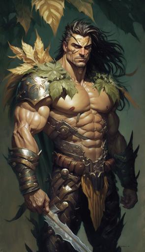 full length character concept a metrosexual male warrior, with a sword made of recycled corn husks, and armor made of leaves about to leave his medieval village on a quest, comedy style of (Artgerm, Clyde Caldwell), --ar 9:16 --c 75 --s 650 --v 4
