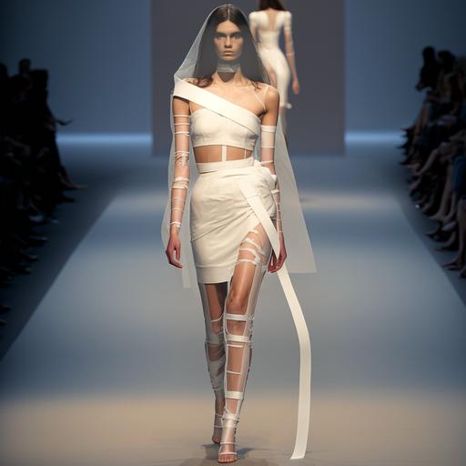 full length fashion show catwalk, model, gauze elastic chest bandage wrapping, broken arm cast, post-operation facial-reconstruction bandages, head-injury, knee-high gauze wrapping, skin-tone, sheer, tight fitting