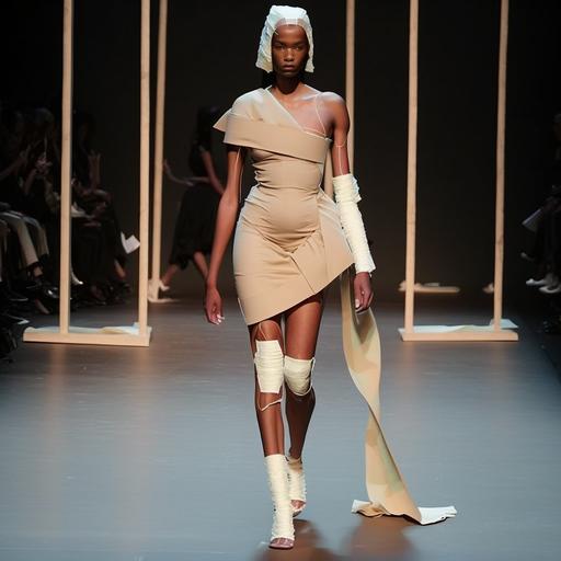 full length fashion show catwalk, model, gauze elastic chest bandage wrapping, broken arm cast, post-operation facial-reconstruction bandages, head-injury, knee-high gauze wrapping, skin-tone, sheer, tight fitting