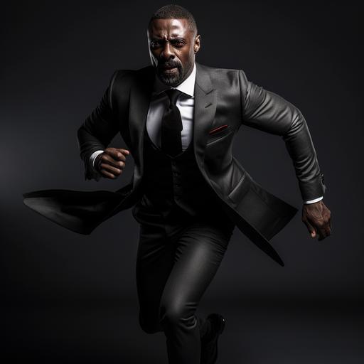 full length photo, Idris Elba as James Bond, very muscular, running, profile, fight stance, poster