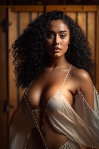 full-length photo taken with Canon EOS R5 natural light, perfect big chest size 34DD cup afro latina hot woman girl model wearing open short robe showing perfect big massive chest short black hair, flirty, tempting, cinematic light, 4k --ar 2:3 --s 750