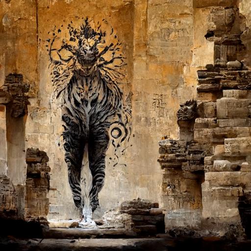 full-length portrait of Tiger with spider legs, ancient wall painting, ruins, fusion, intricate detail, --seed 1026 --s 5000 --q 2