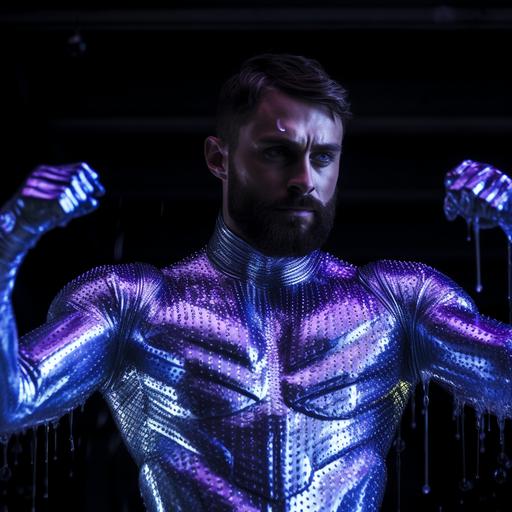 full-length, superhero in silver latex catsuit and gloves, neon lighting, short beard. water droplets