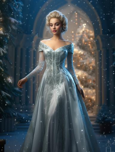 full-length woman in a snow queen dress, short dress, at a party near the New Year tree --ar 3:4