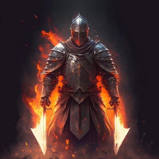 full medieval knight with sword and shield, surrounded by a fiery aura