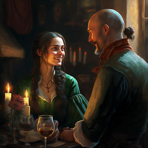 full perspective, medieval fantasy,a beautiful 25 years old young woman, long dark straight hair, single thick braid, green dress, having wine poured by a 35 years old completely bald shortbearded athletic man, green wool tunic, both looking at each other smiling, medieval tavern, fireplace, arched window, moonlightbeams through the window::8 evening, people partying in the background, photorealistic, hyper realistic, cinematic